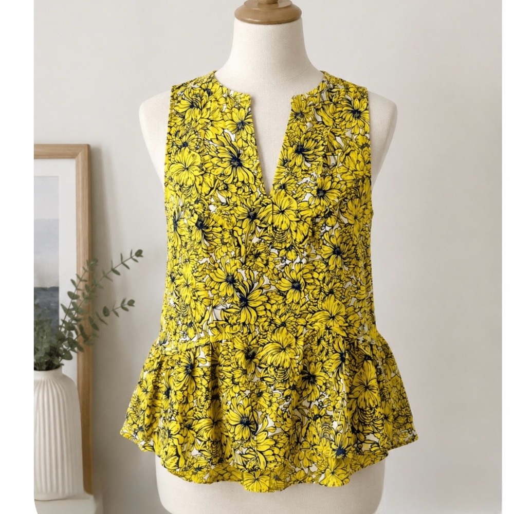 Megan Park Yellow Floral Silk Sleeveless Ruffle
Hem Blouse Top Size 00